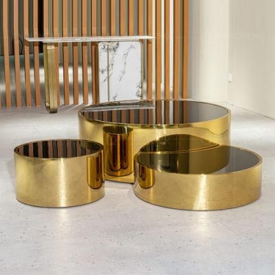Stainless Steel Black Glass Living Room Set Gloden Round Coffee Table