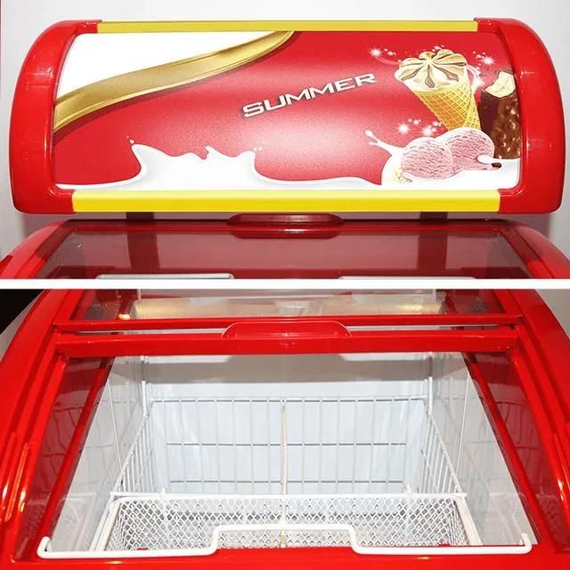 2022 Sliding Curved Glass Door Top Ice Cream Showcase Display Freezer Chest Freezer with 168L