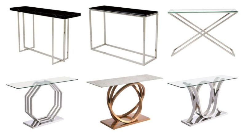 Stainless Steel Vertical Spiral Center Column Console Table with Glass Top