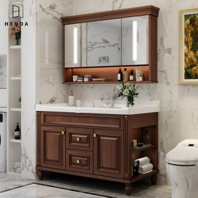 Classic Style America Solid Wood Material Waterproof LED Mirror Bathroom Basin Cabinet