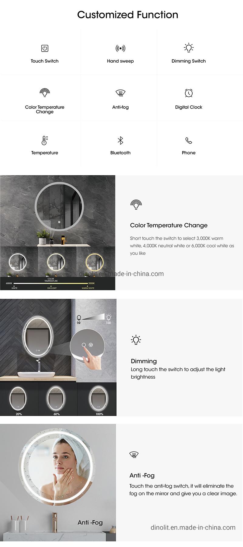 IP44 Bath Waterproof Frameless Intelligent Bathroom Vanity LED Illuminated Fogproof Round Glass Wall Mirror with Touch Sensor/Demister/Bluetooth CE ETL