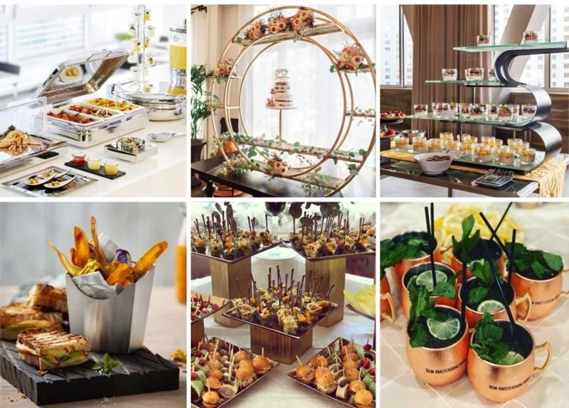 Restaurant Equipment Dining Mesas Traiteur Mariag Catering Wedding Decorate Sinovoe Rectangle Tempered Wood Stainless Steel Top Buffet Hall Table