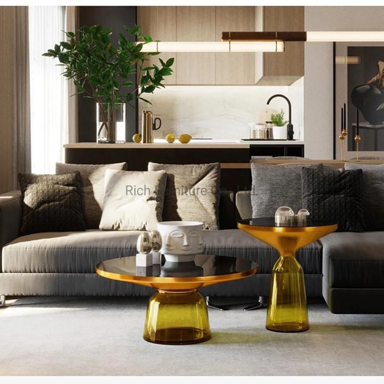 Living Room Coffee Table Stainless Steel Frame in Golden Color Tempered Glass Base Side Table