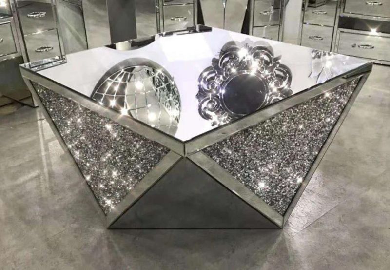 Living Room Mirrored Furniture Glass Top Hollow Diamond Crushed Center Coffee Table