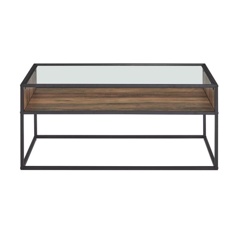 High Quality Industrial Style Glass Top and Wooden Walnut Veneer Shelf Metal Tube Legs Coffee Table for Room Hotel Office Use