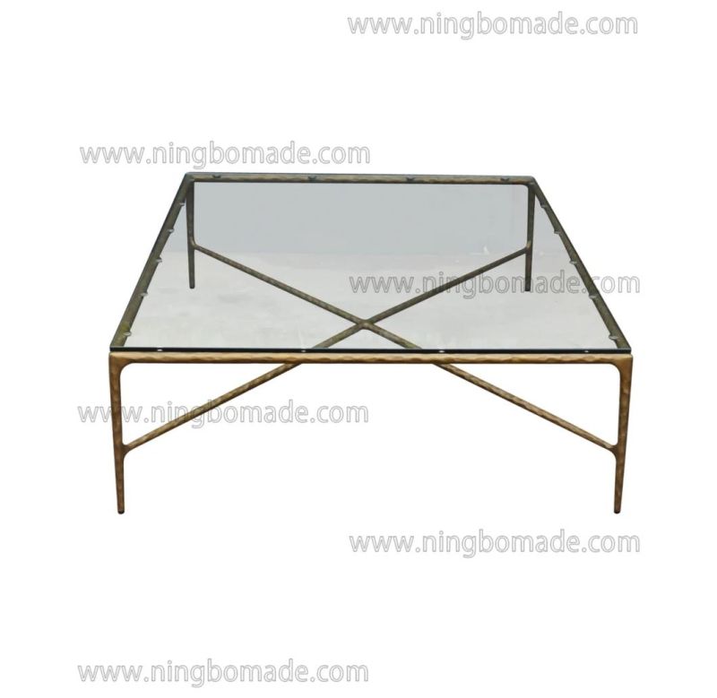 Rustic Hand Hammered Collection Furniture Forged Solid Iron Metal with Brass Color Thick Tempered Glass Rectangle Coffee Table