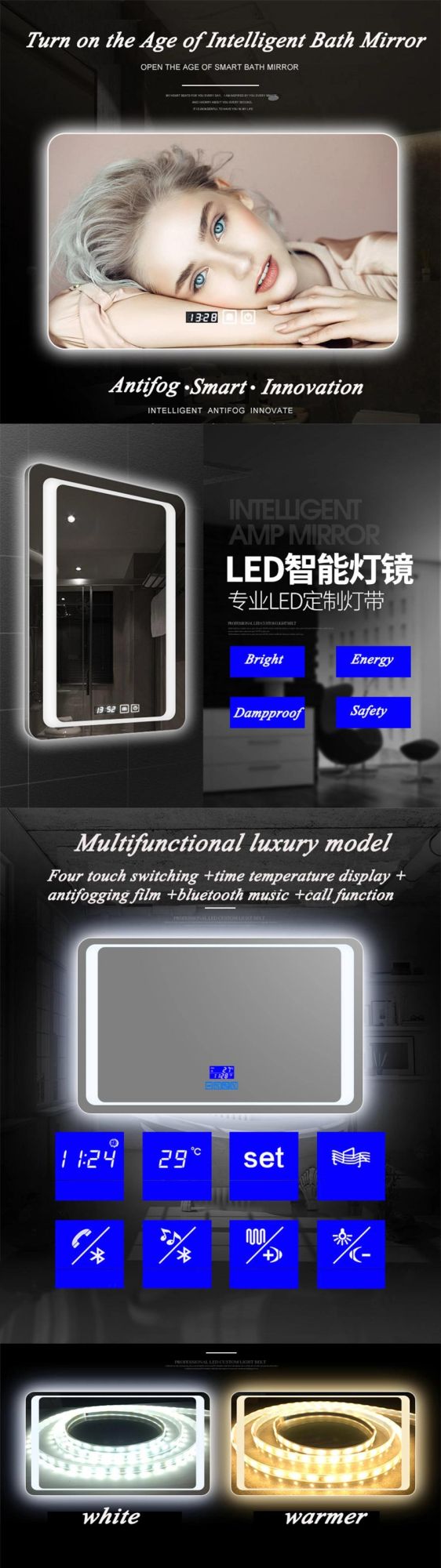Defogger Lighted Bluetooth Digital Clock LED Bathroom Smart Mirror (Bg-010)