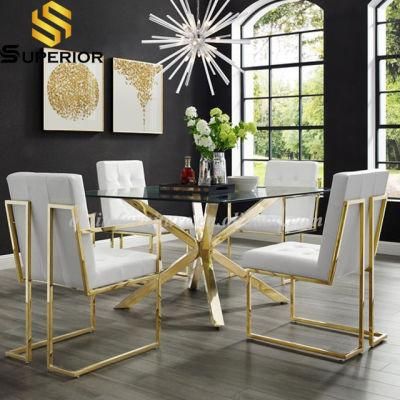 Square Glass Dining Table with Golden Chrome Legs for Home