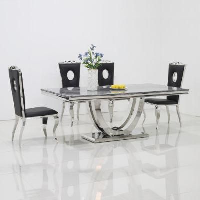 Silver Stainless Steel Modern Marble Top 8 Seater Dining Table Set