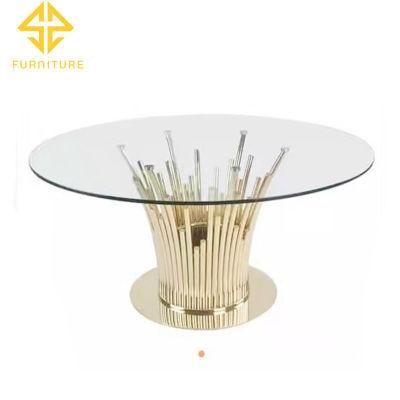 Hotel Hall Bridal Gold Stainless Steel Base Glass Top Round Wedding Table