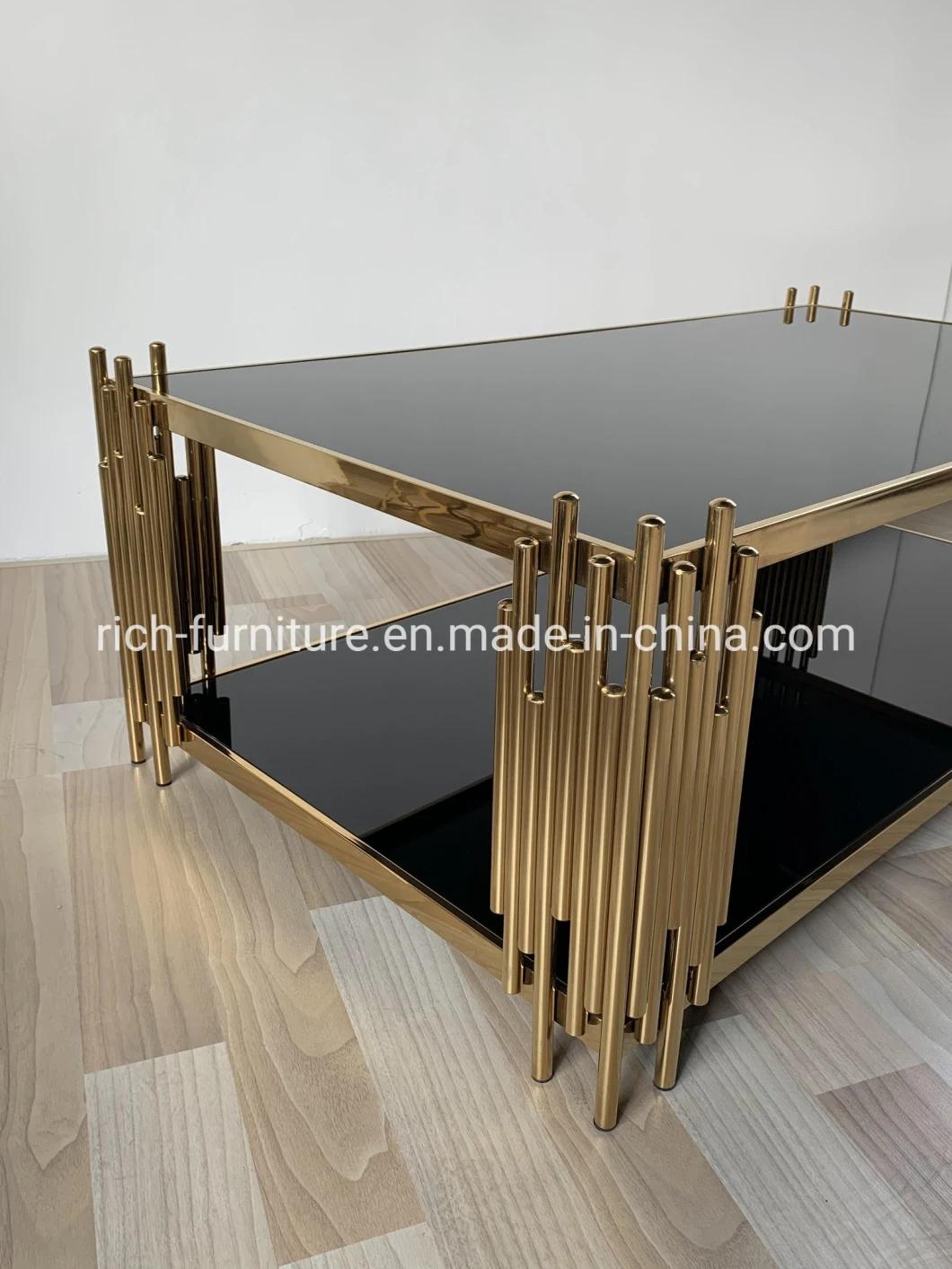 2 Tier Stainless Steel Long Marble Glass Rectangular Coffee Table for Living Room