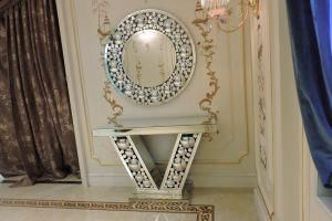 Gem Stones Finish Mirror Glass Console Table with Mirror