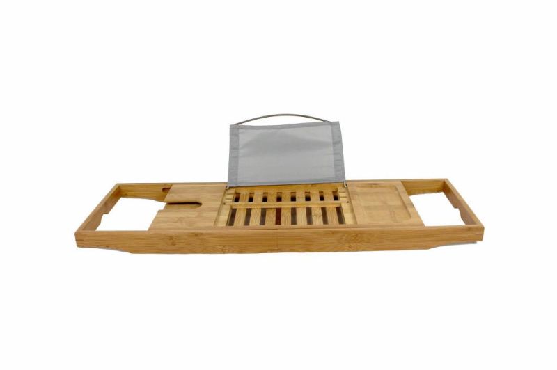 Bamboo Bathtub Caddy Tray Wooden Bath Tray with Extending Arms, Reading Rack, Tablet Holder, Cellphone Tray and Wine Glass Holder