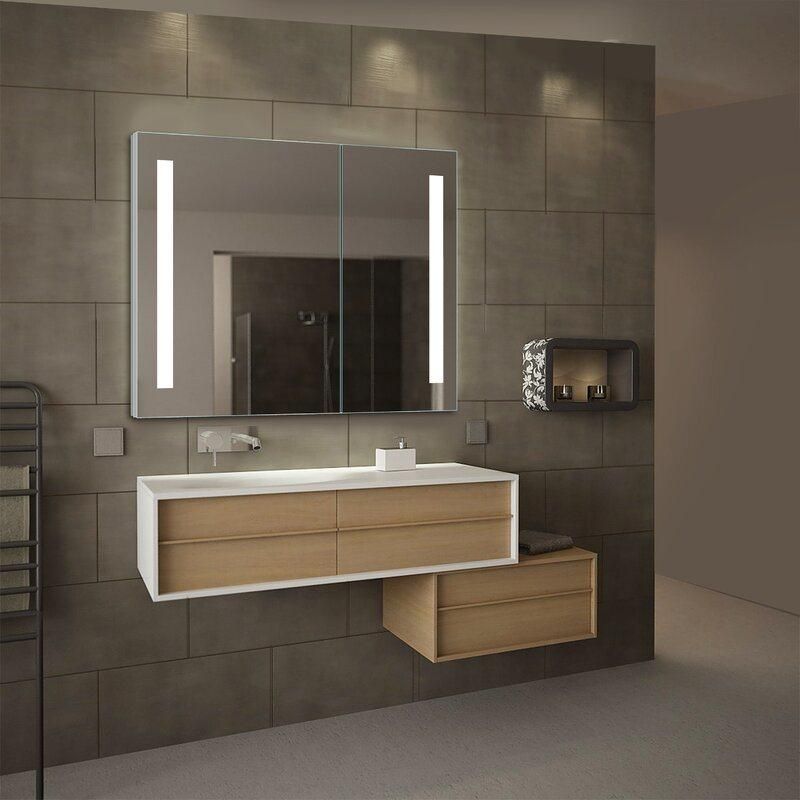 Frameless Double Doors Adjustable Tempered Glass Shelves Mirror Cabinet with Electrical Outlets