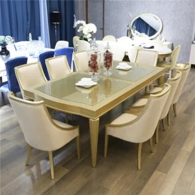 Villa Furniture Luxury Design Golden Color High Glossy Wooden Dining Table Set with Chairs