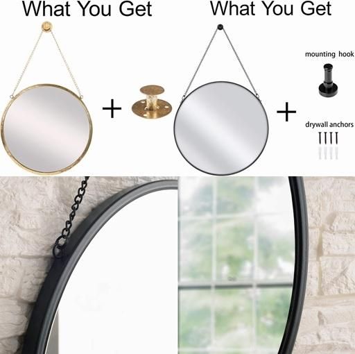 Decor Wall Hanging Mirror Black/Gold Round Mirror Wall-Mounted Circle Metal Mirror with Hanging Chain for Home Bathroom Bedroom Living Room