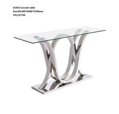 Dopro Modern Stainless Steel Mirror Polished Console Table X1910 with Clear Tempered Glass
