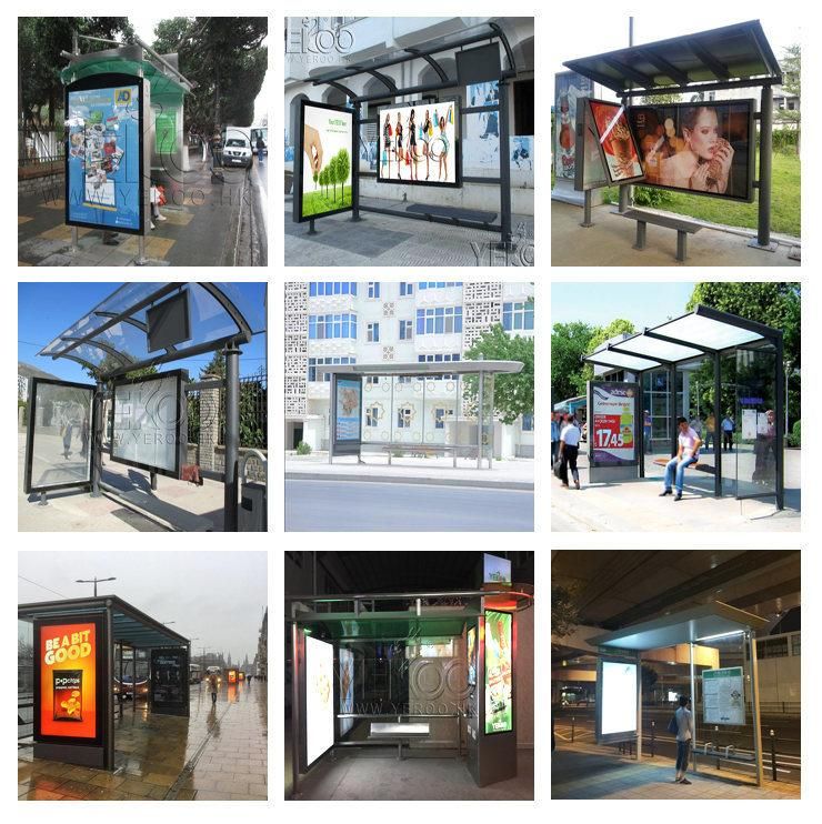 Modern Design Tempered Glass Bus Stop Shelter with Light Box