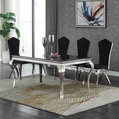 European Luxury Dining Set Black Glass Top Stainless Steel Legs 6 Seater Dining Table