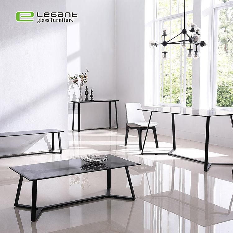 Modern Furniture 12mm Thick Grey Tempered Glass Top Iron Frame Dining Table