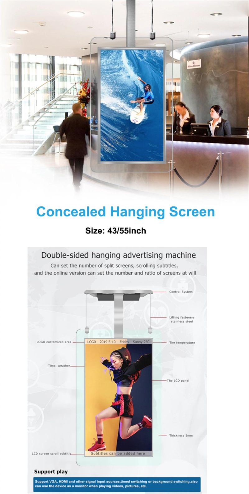 43 Inch 55 Inch Double-Sided Screen Hanging LCD Display for Shop Window, Glass Wall, Showcase