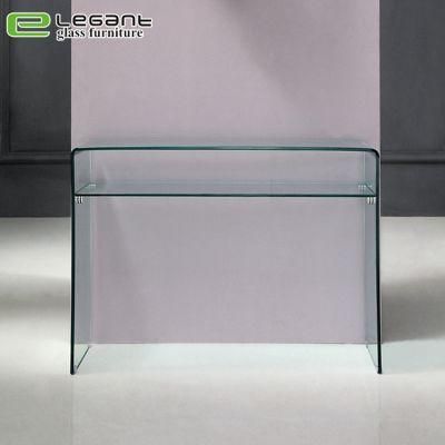 Clear Bent Glass Console Table with Tempered Glass Shelf
