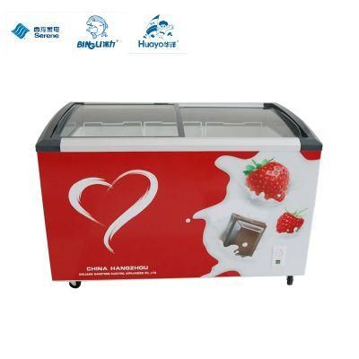 Commercial Open Curved Glass Door Display Chest Freezing Ice Cream Showcase Freezer for Supermarket with Lock and Key