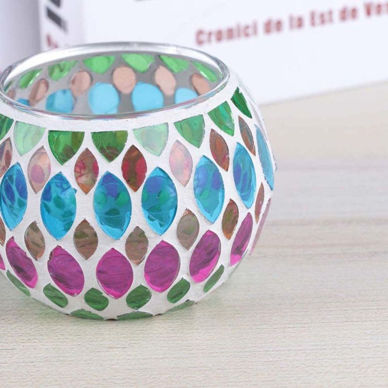 Geometric Mosaic Glass Tea Light Holder Colorful Retro Round Glass Candle Holder Wedding Party Desktop Centerpiece Decorations