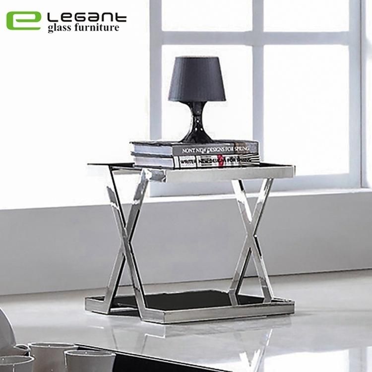 Hotel Stainless Steel End Table / Tempered Glass Top Side Tea Table