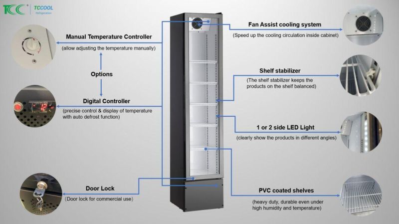 Promotion Vertical Merchandiser Glass Door Showcase Fridge Slim Line Cooler Display Cooler