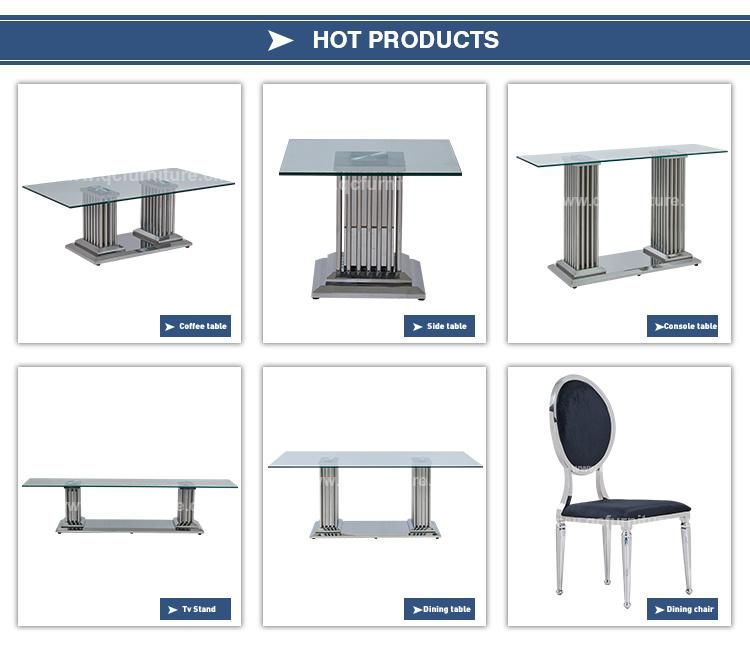 Europe Home Furniture Metallic Stainless Steel Glass 6 Seater Dining Tables Set