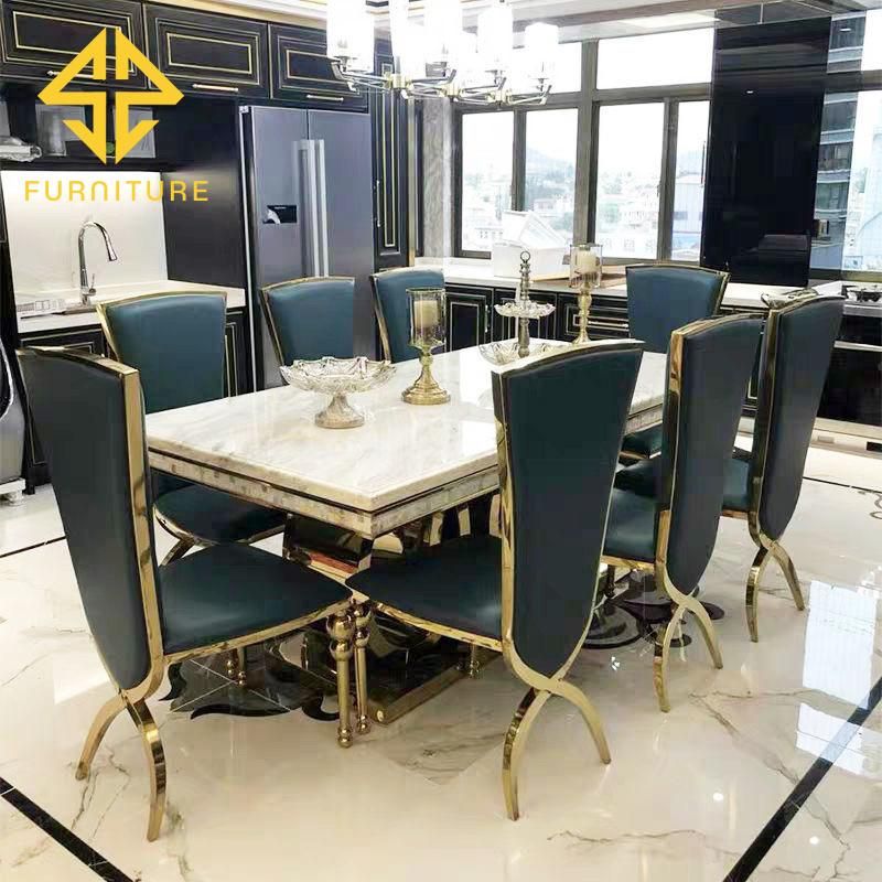 Luxury Rectangle Gold Stainless Steel Frame Glass LED Dining Table and Chairs