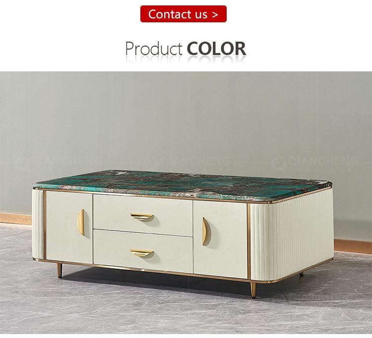 Nordic Leather Gold Metal Legs Center Drawer Coffee Table Modern Wooden