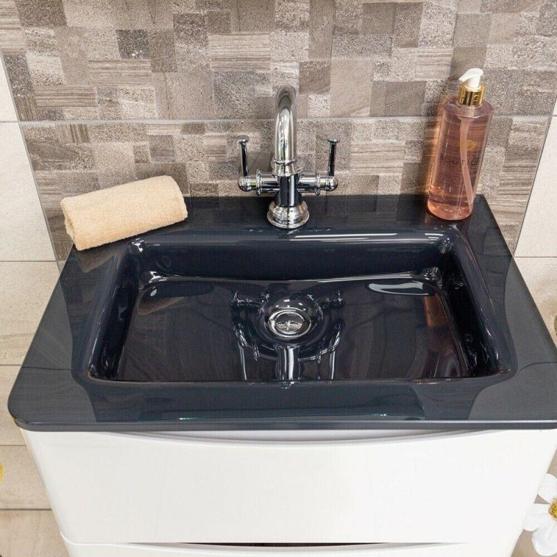 White Bathroom Wall Hung Vanity Unit Anthracite Glass Basin Sink 60cm