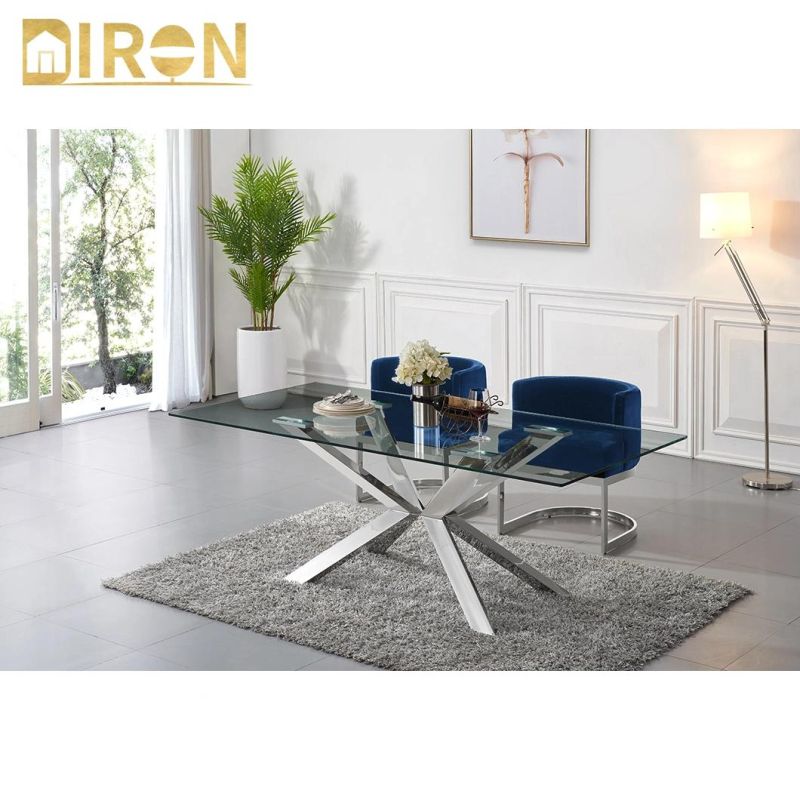 Factory Direct Sell Modern European Glass Marble Top Dining Table with Stainless Steel Legs Modern Home Fabric Furniture