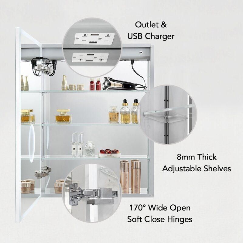 Adjustable Tempered Glass Shelf Bathroom LED Medicine Cabinet with HD Imaging Mirror