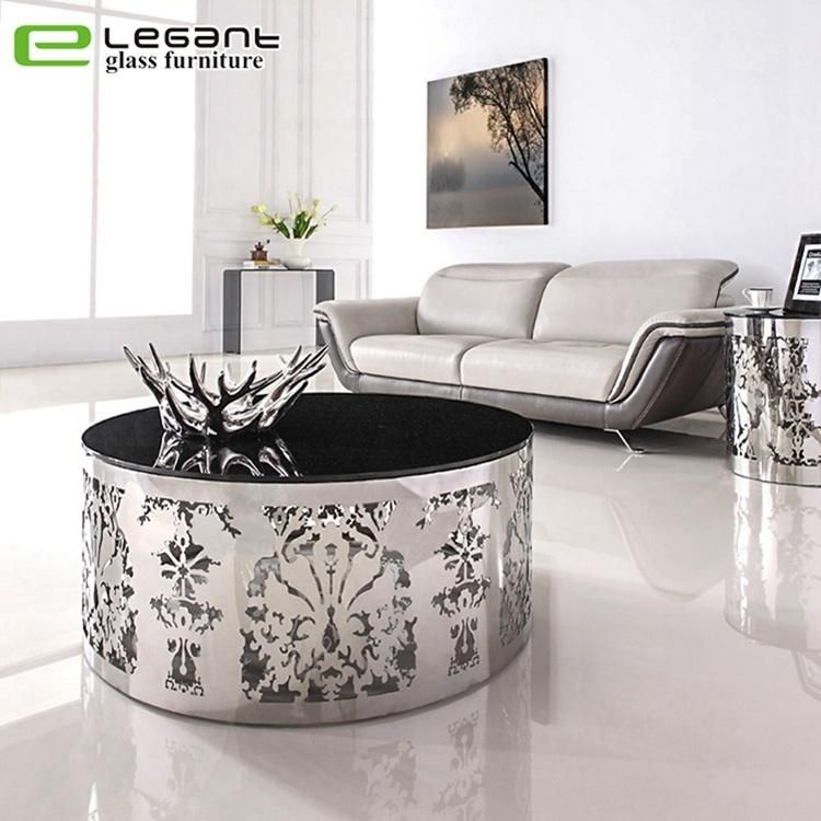 Modern Round Clear Tempered Glass Coffee Table with Stainless Steel Frame Base