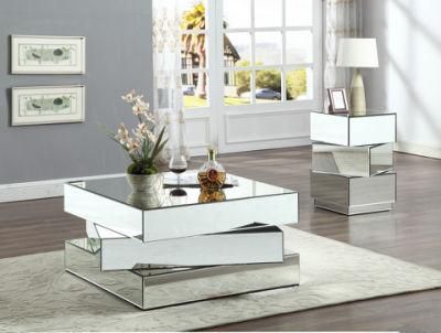 Lucio Contemporary Mirrored Coffee Table with Triple Stacked Platform Design Silver Glass Coffee Table for Living Room and Hotel
