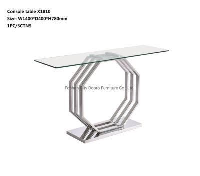Dopro New Design Octagonal Pillar Stainless Steel Polished Silver Console Table X1810 with Clear Tempered Glass