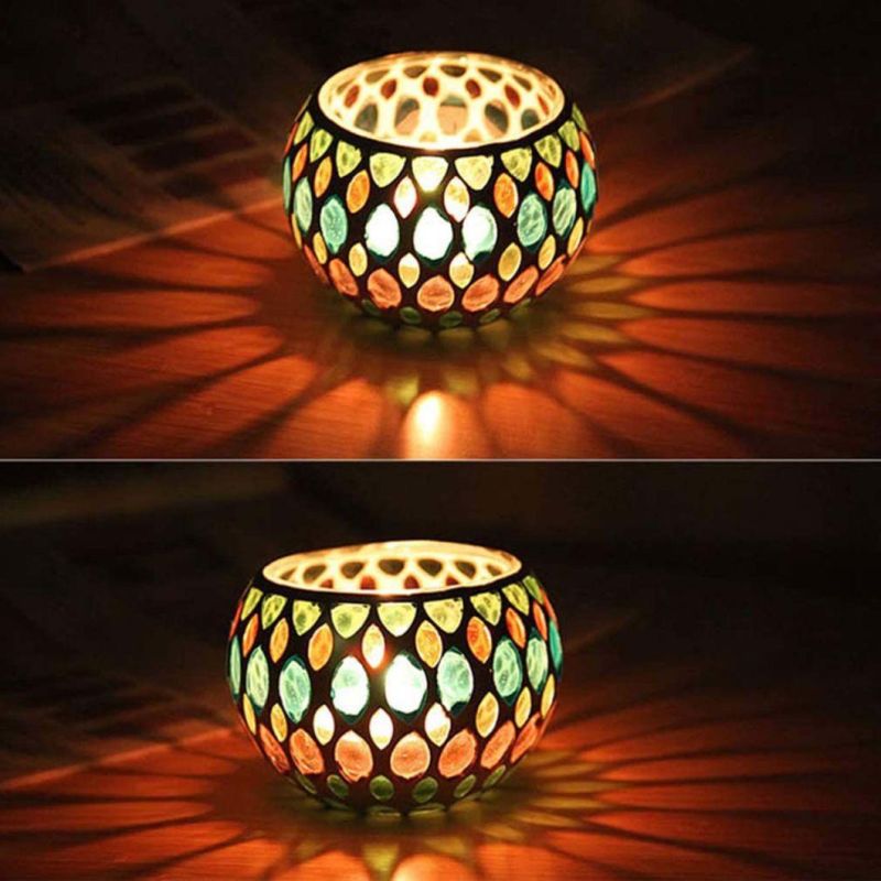 Geometric Mosaic Glass Tea Light Holder Colorful Retro Round Glass Candle Holder Wedding Party Desktop Centerpiece Decorations