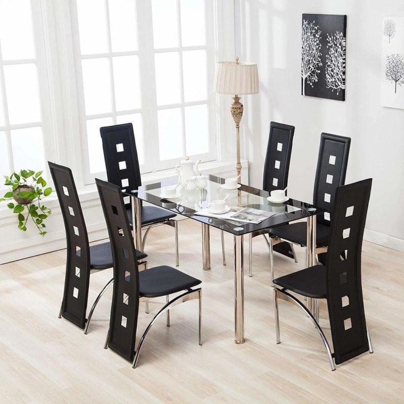 Home Kitchen Furniture French Style Rectangular Small Space Saving Patio Hotel Restaurant Black Tempered Glass Top Cafe Dining Room Table Set