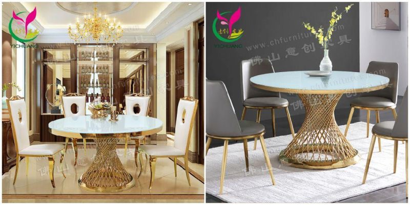 Light Luxury Simple 4-6 People Small Apartment Home Hotel Golden Stainless Steel Round Dining Table Chair Combination