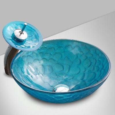 Factory Wholesale Luxury Ocean Blue Round Glass Basin Washbasin Cabinet Sinks Art Hand Wash Basins Bathroom Wash Basin