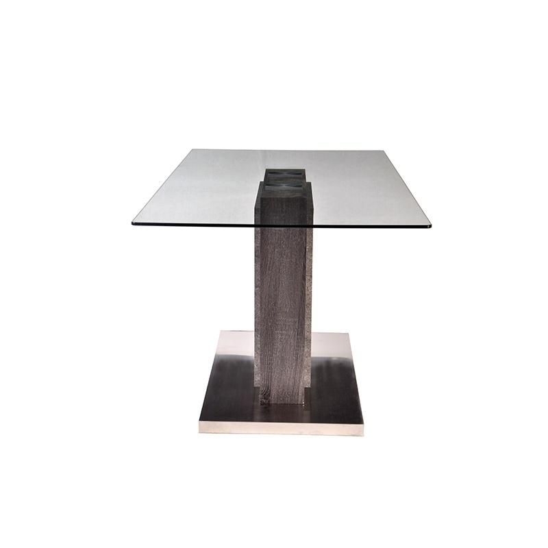 Modern Design Room Furniture Wooden Table Stainless Steel Base Clear Rectangle Tempered Glass Top Dining Table