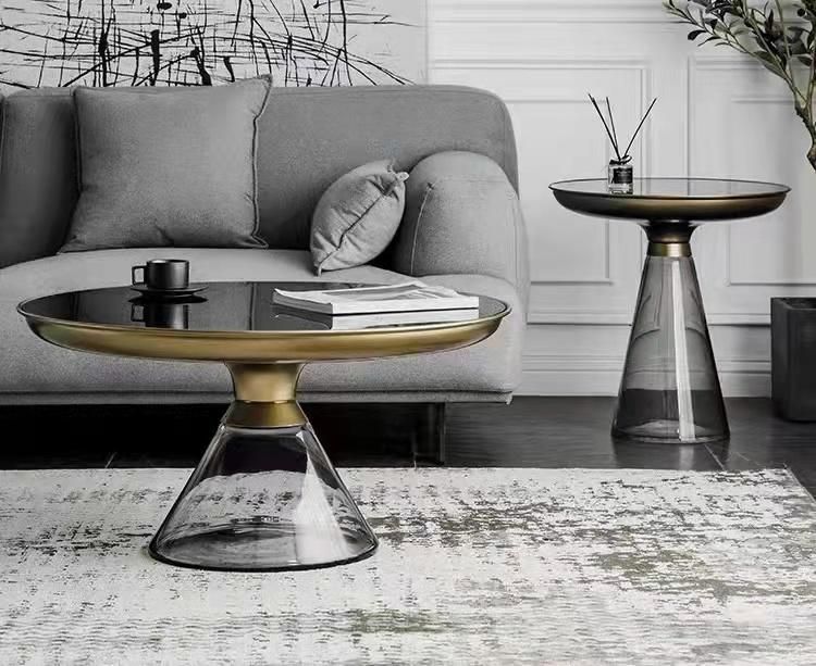 Removable Round Chrome Brass Top Coffee Table Transparent Glass Base Round Shape Tray Coffee Center Table