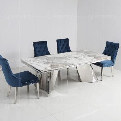Luxury 3D Pattern Glass Top Dining Table Silver Stainless Steel Frame 8 Seater Dining Room Furniture Table Set