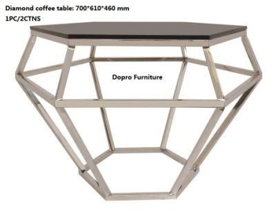 Dopro New Design Modern Stainless Steel Polished Silver Diamond Coffee Table, with Grey Tempered Glass Table Top
