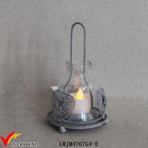 Beautiful Gray Vintage Iron Candle Holder with Hurricane Glass