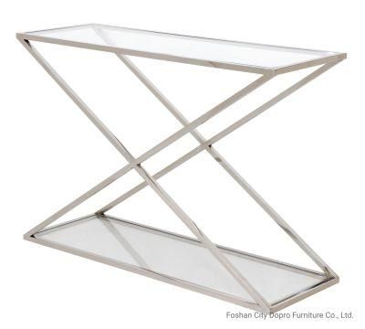 X-Shaped Stainless Steel Console Table with Glass Top and Bottom