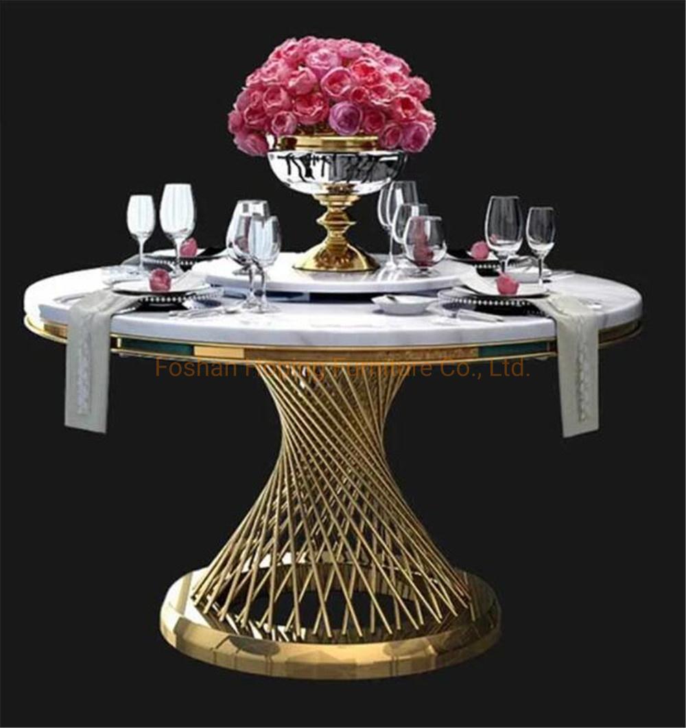 Classical Glass Top Dining Table with Gold Metal Stainless-Steel Frame Wedding Chair White Table Set